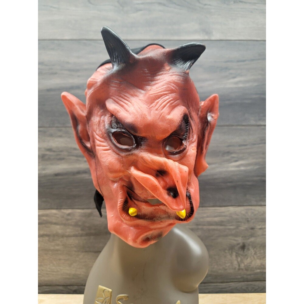 Devil Horned Latex Full Head Mask w/ Black Hood Adult Unisex One Size